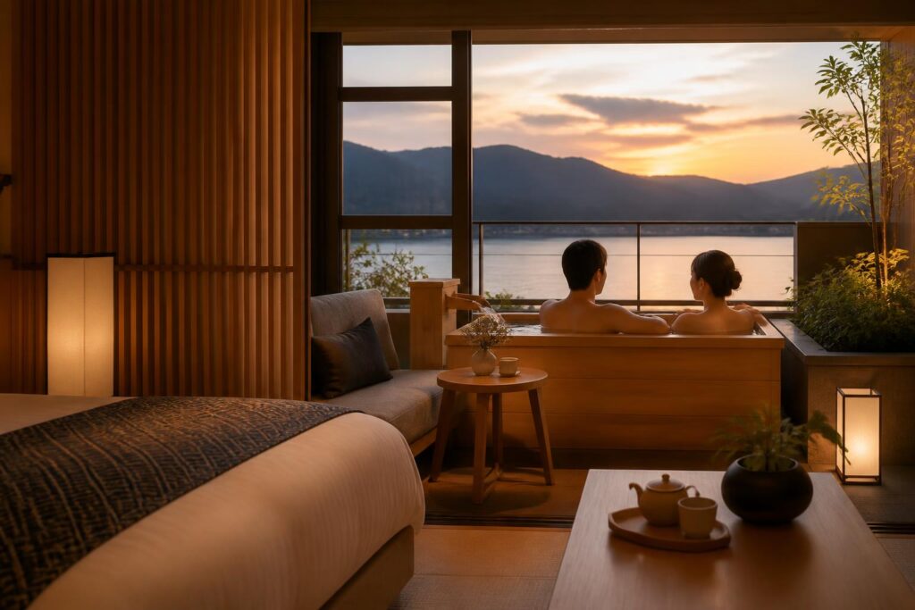 温泉街でカップルにおすすめの旅館と夜景スポットは？